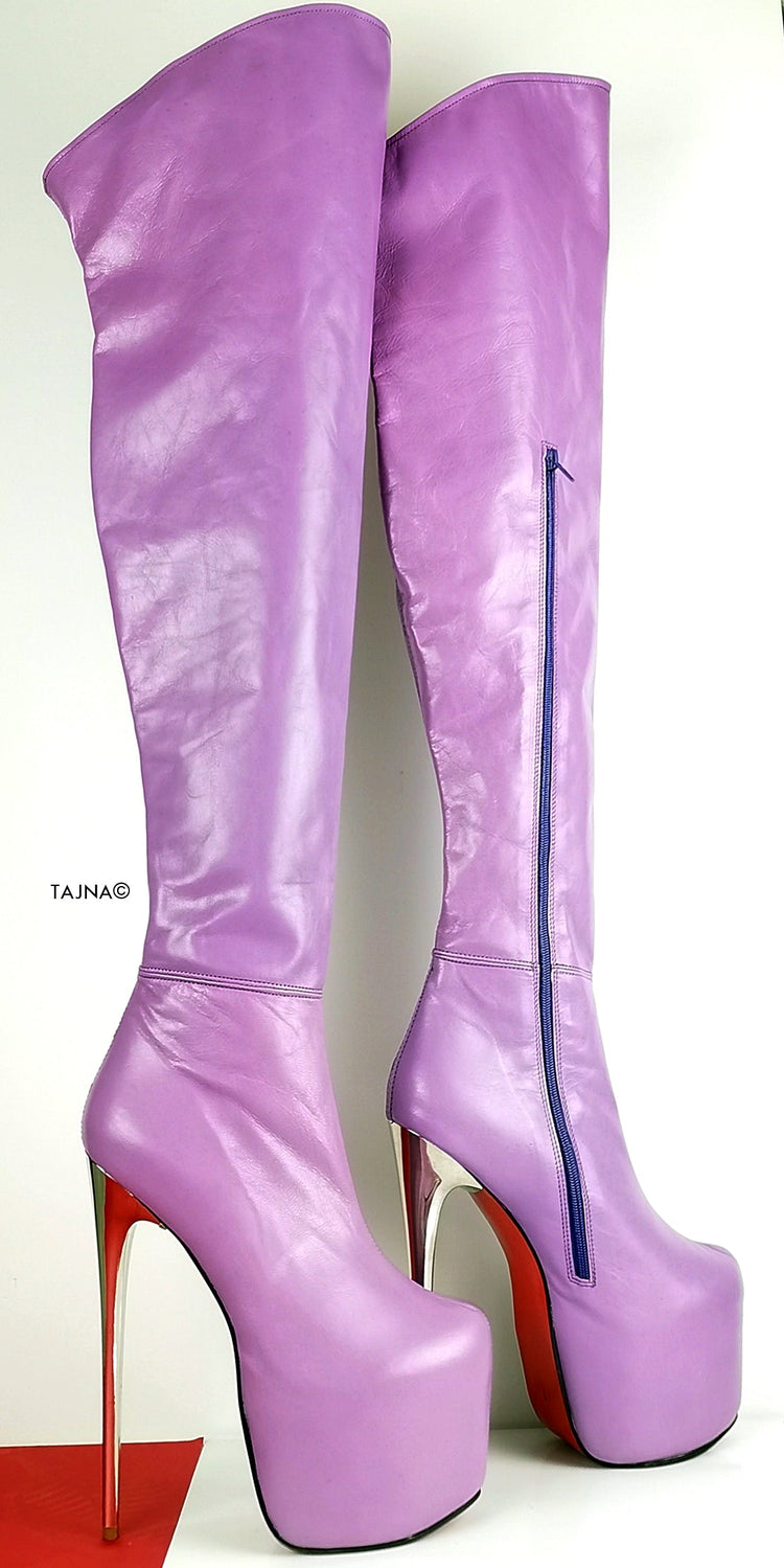 Genuine Leather Purple Violet Thigh High Boots - Tajna Club