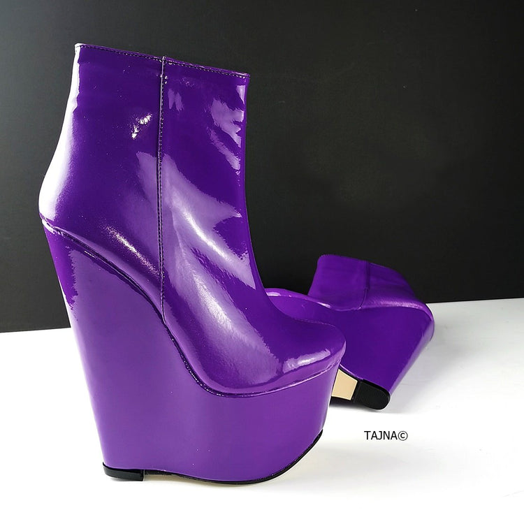 Purple Patent Ankle Wedge Booties - Tajna Club