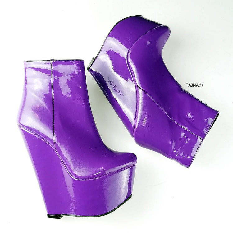 Purple Patent Ankle Wedge Booties - Tajna Club
