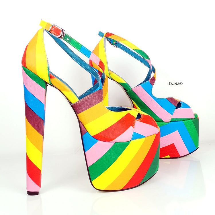 Rainbow Multi Colour Cross Strap Heels - Tajna Club