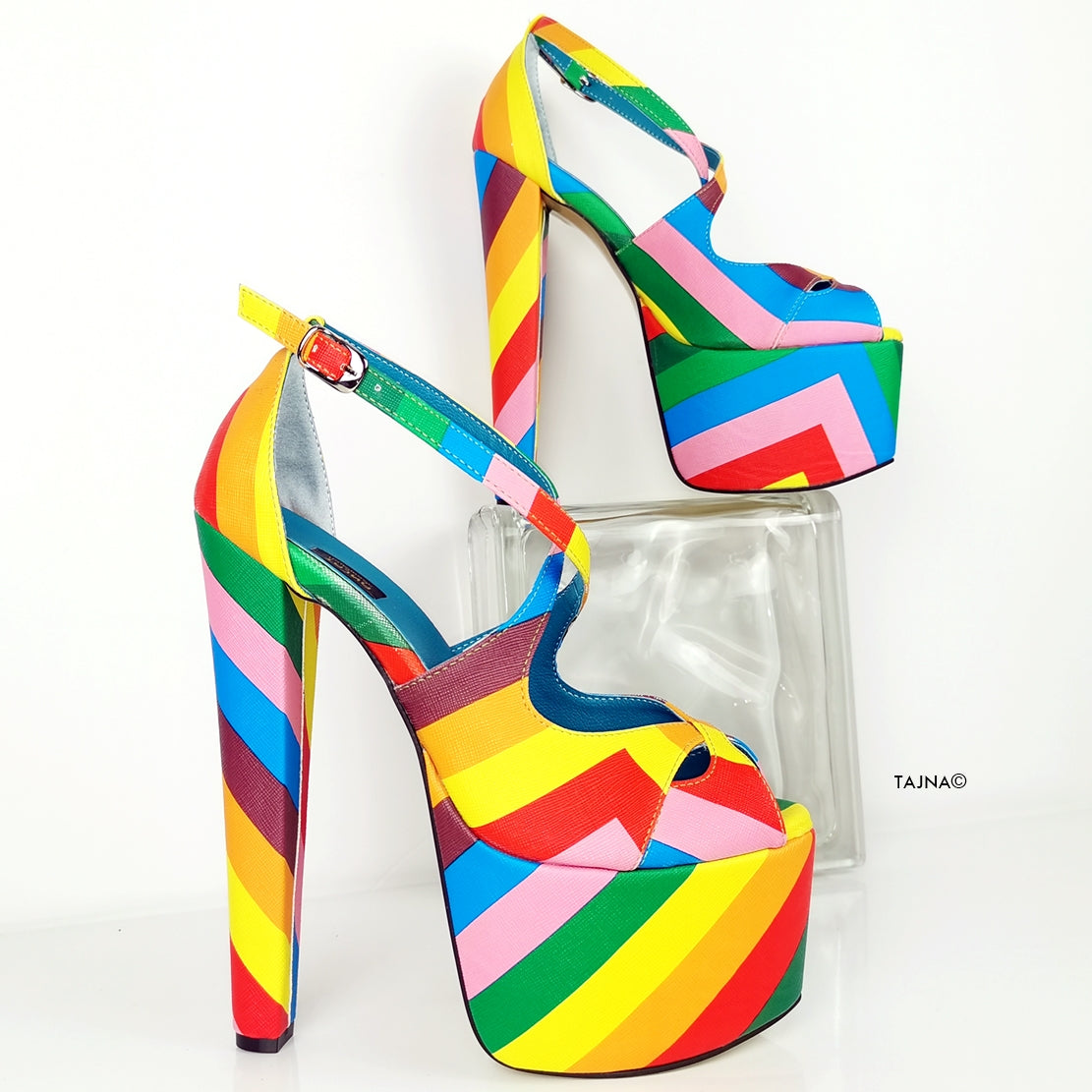 Rainbow Multi Colour Cross Strap Heels - Tajna Club