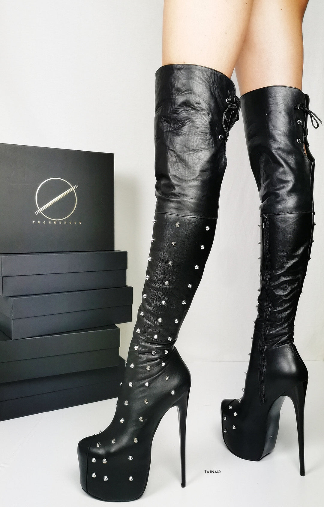 Spike Stud Black Genuine Leather Thigh Boots - Tajna Club