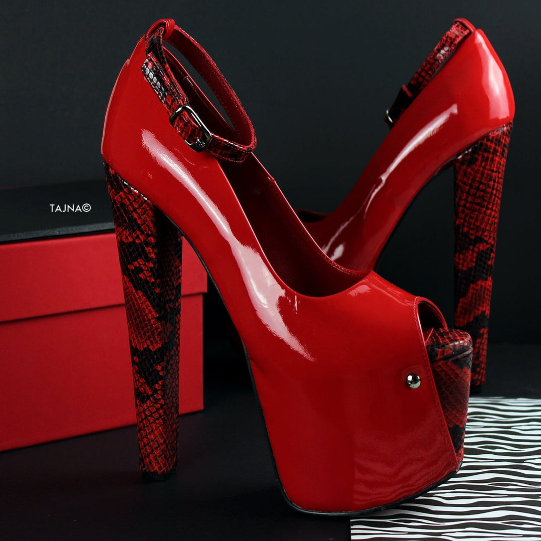 Genuine Leather Red Snake Detail  Chunky Heels - Tajna Club