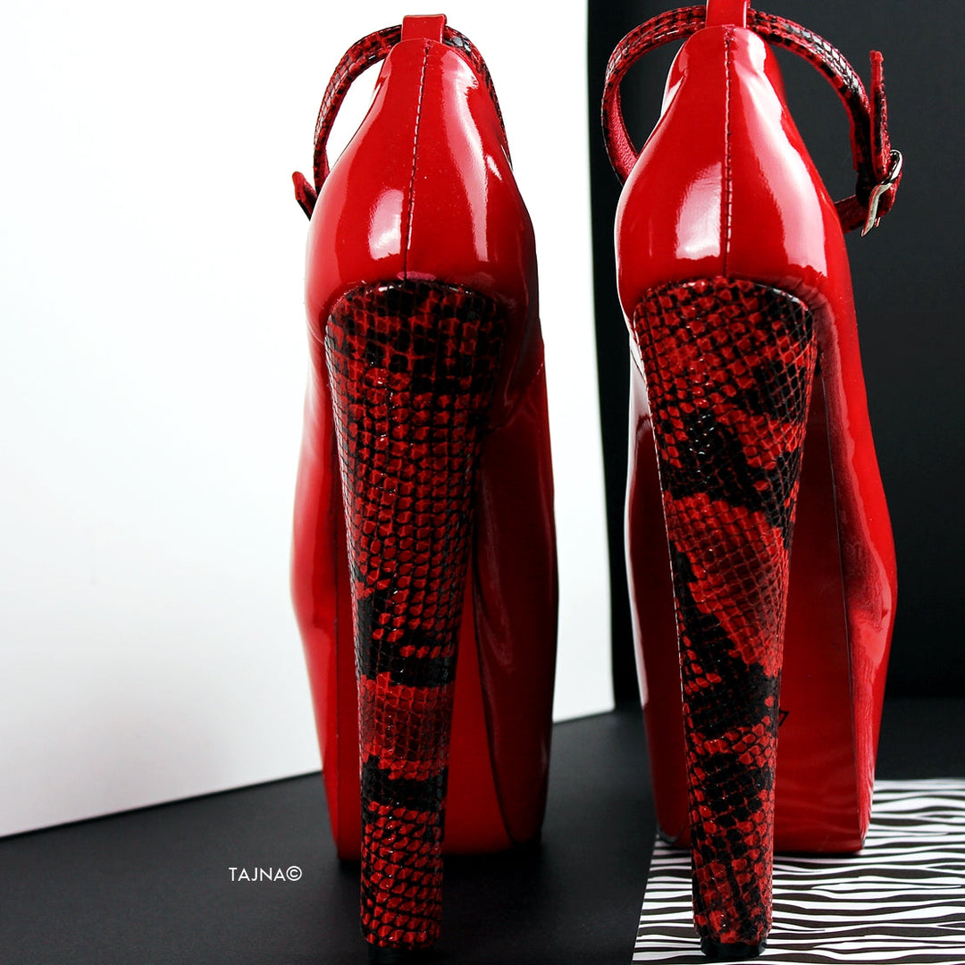 Genuine Leather Red Snake Detail  Chunky Heels - Tajna Club