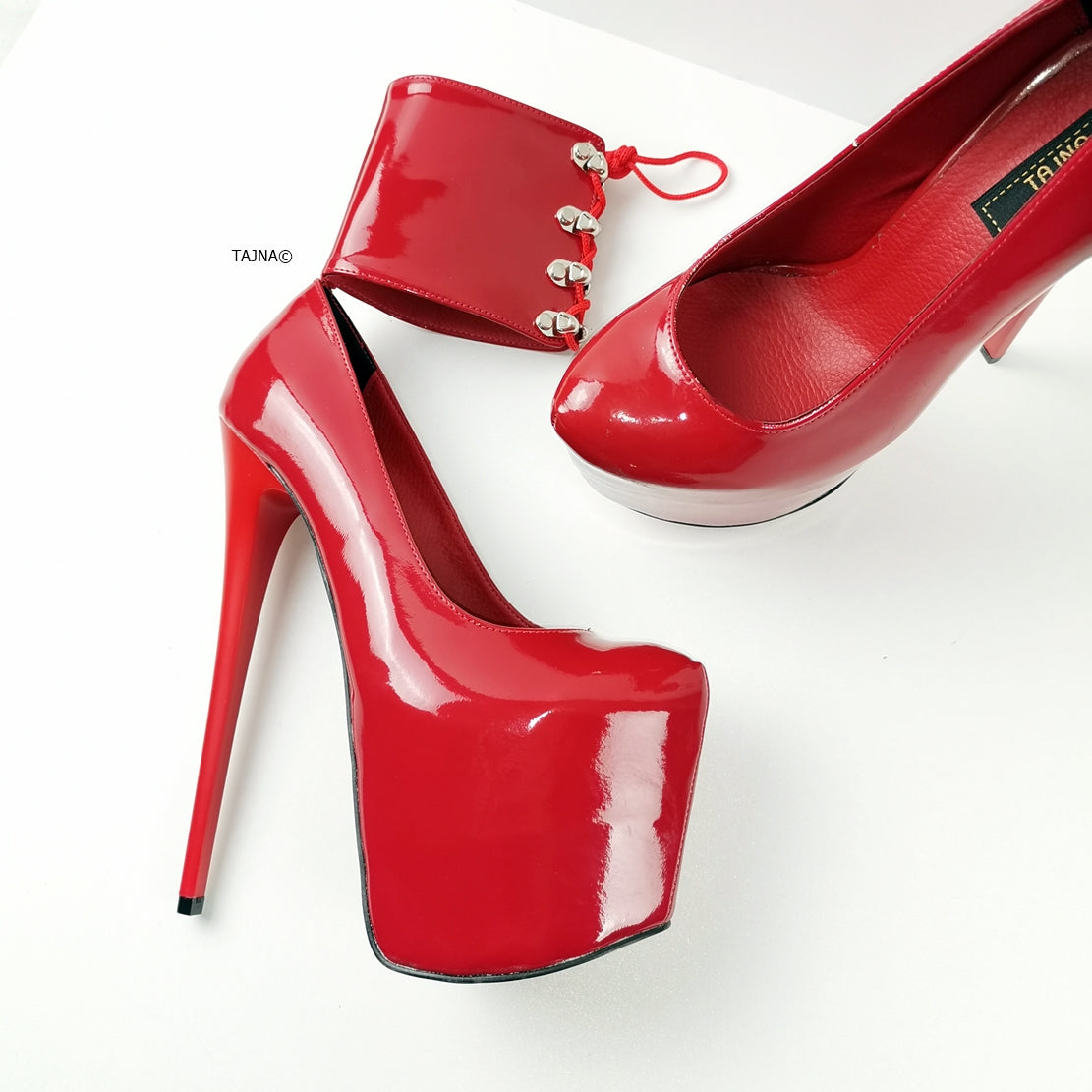 Ankle Cuff Red Patent High Heels - Tajna Club