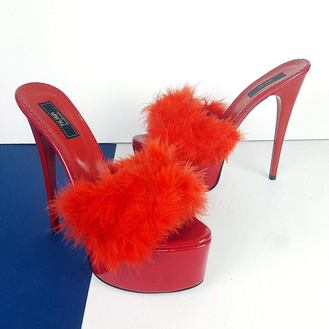 Red Fur High Heel Mules - Tajna Club