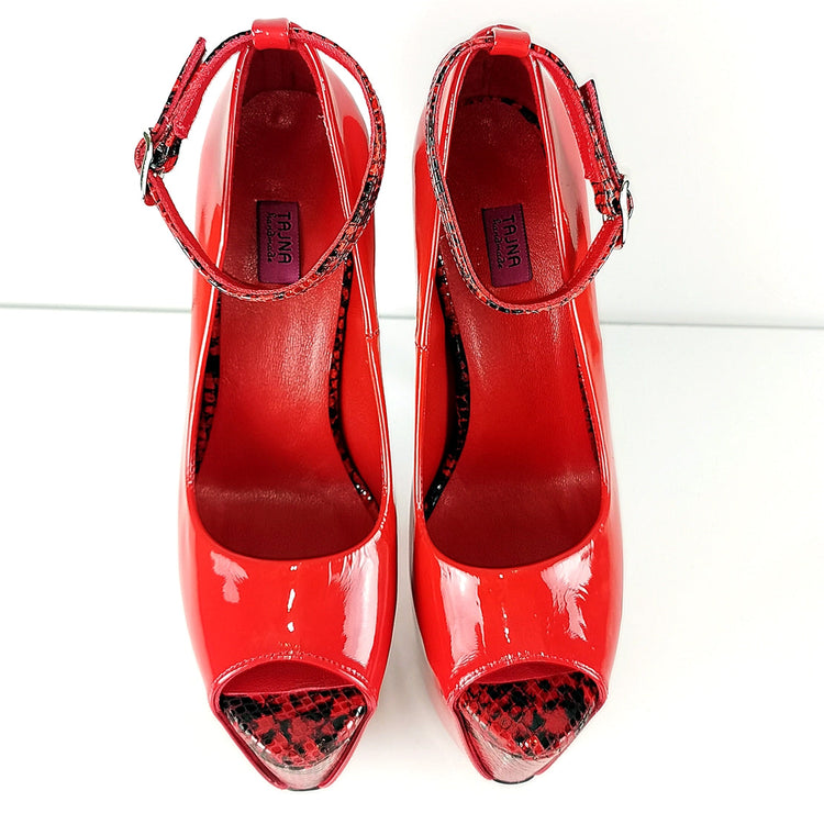 Genuine Leather Red Snake Detail Heels - Tajna Club