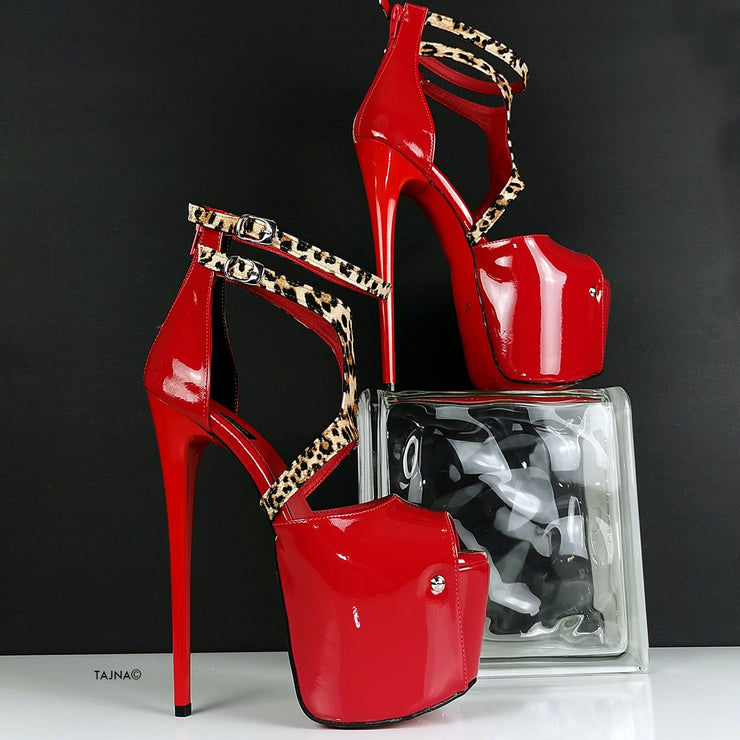 Red Sole Leopard Patent Stiletto High Heels Women Ankle T-strap