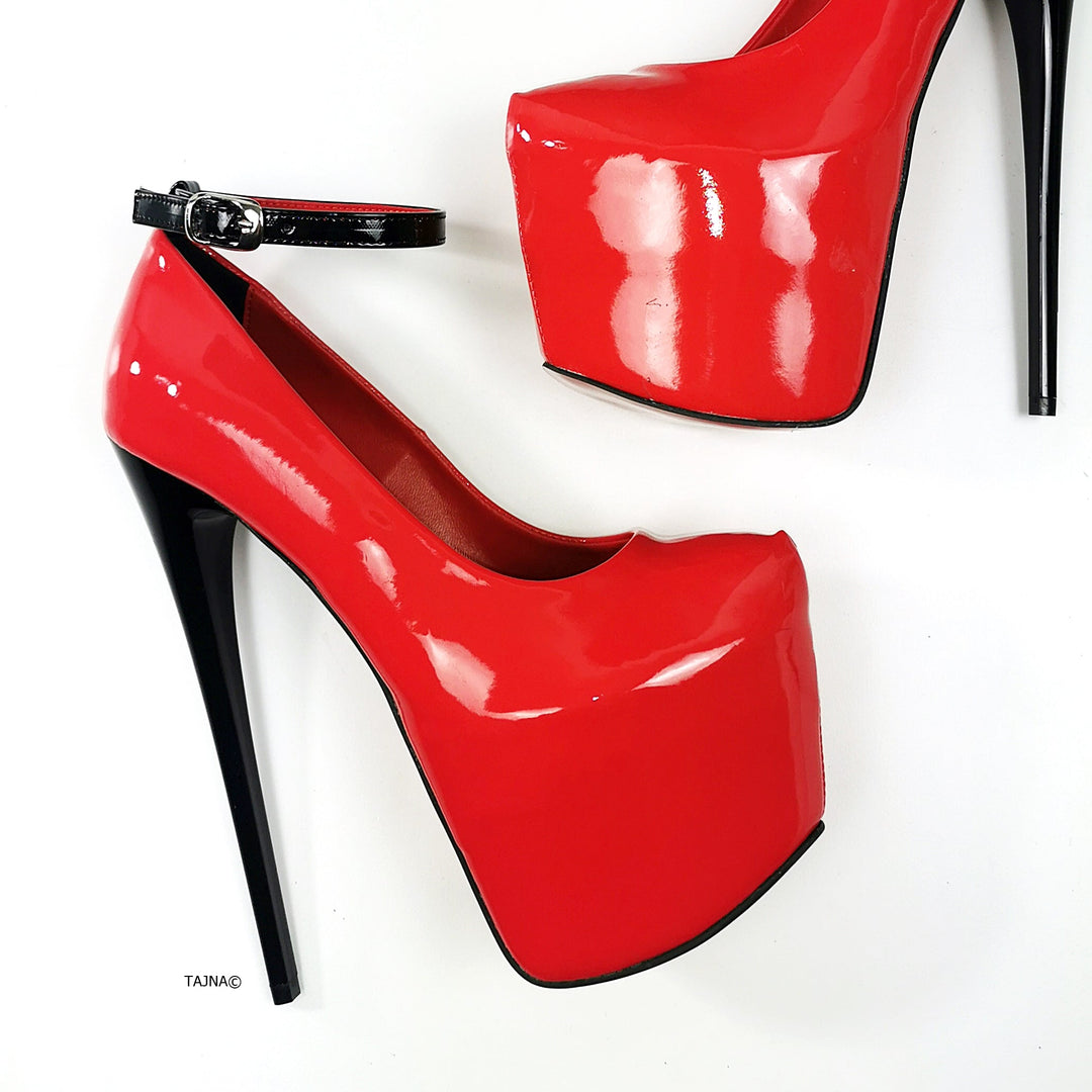 Ankle Strap Red Black Gloss High Heels - Tajna Club
