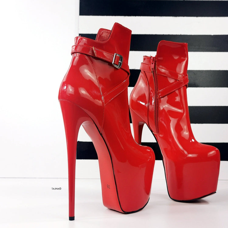 Red Gloss Belted Ankle Pencil Heel Boots - Tajna Club