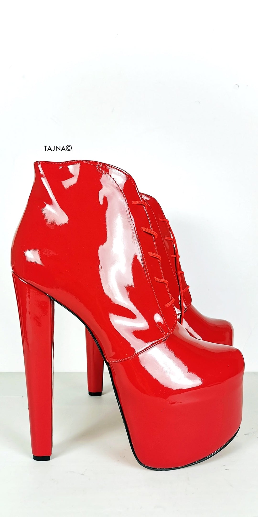 Red Gloss Lace Up Ankle Ledna Boots - Tajna Club