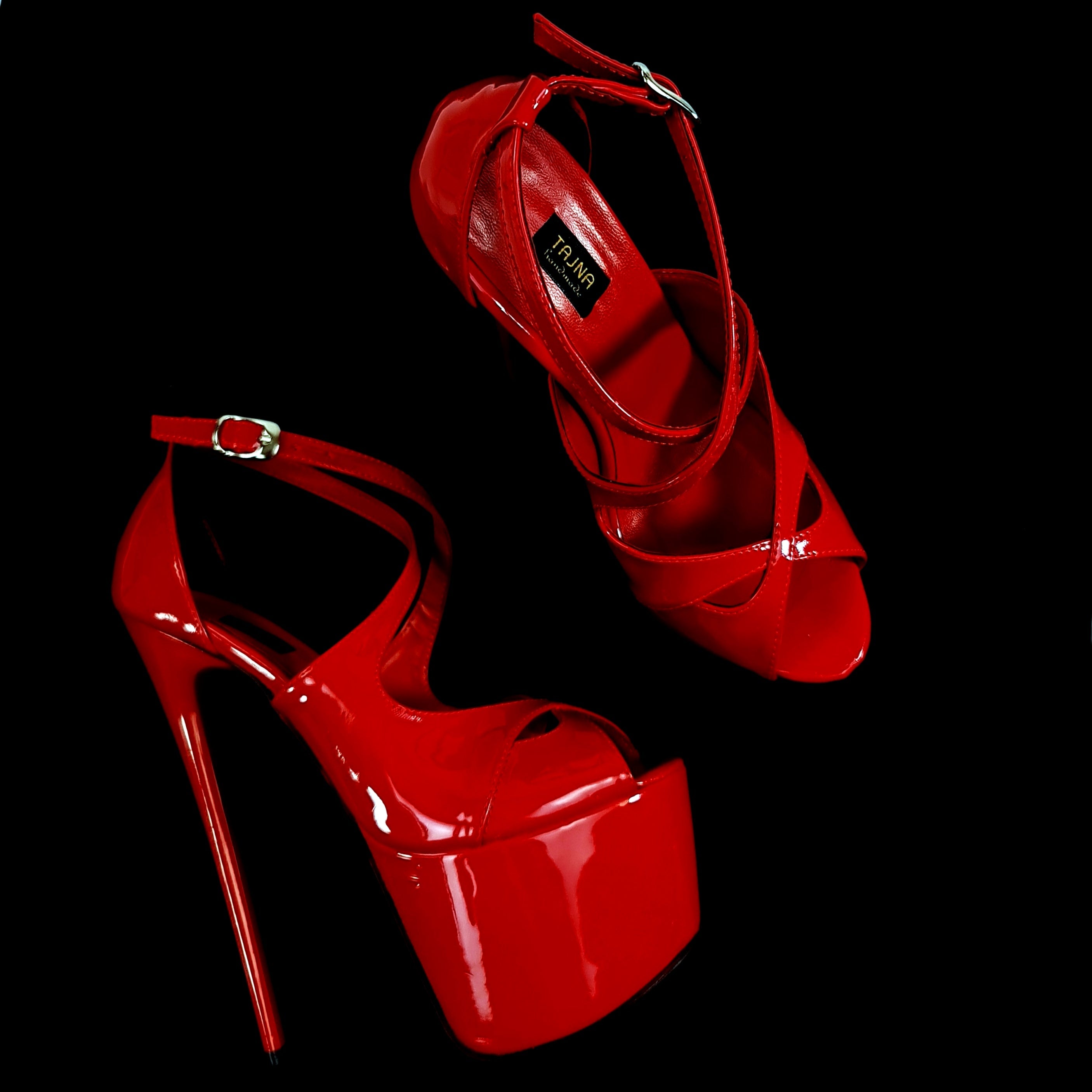 Red Gloss Cross Strap Peep Toe Heels Tajna Shoes
