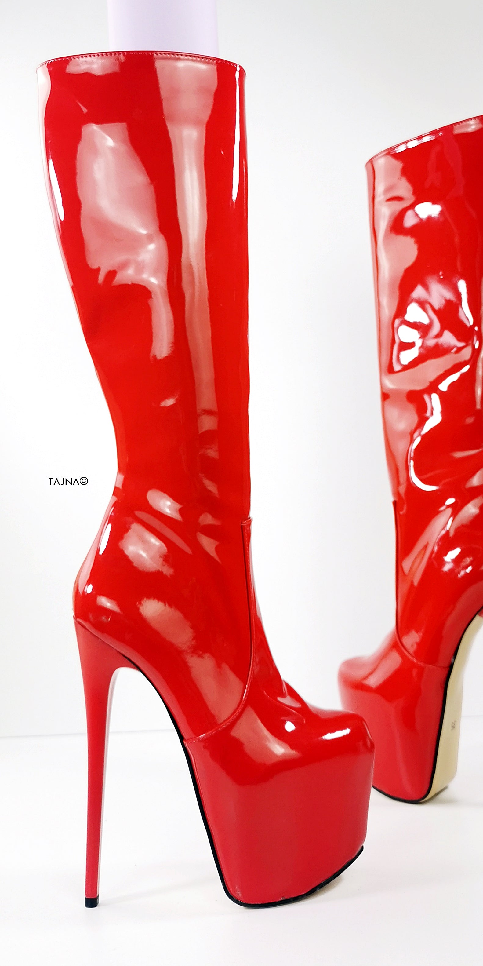 Red Gloss Mid Calf High Heel Boots - Tajna Club