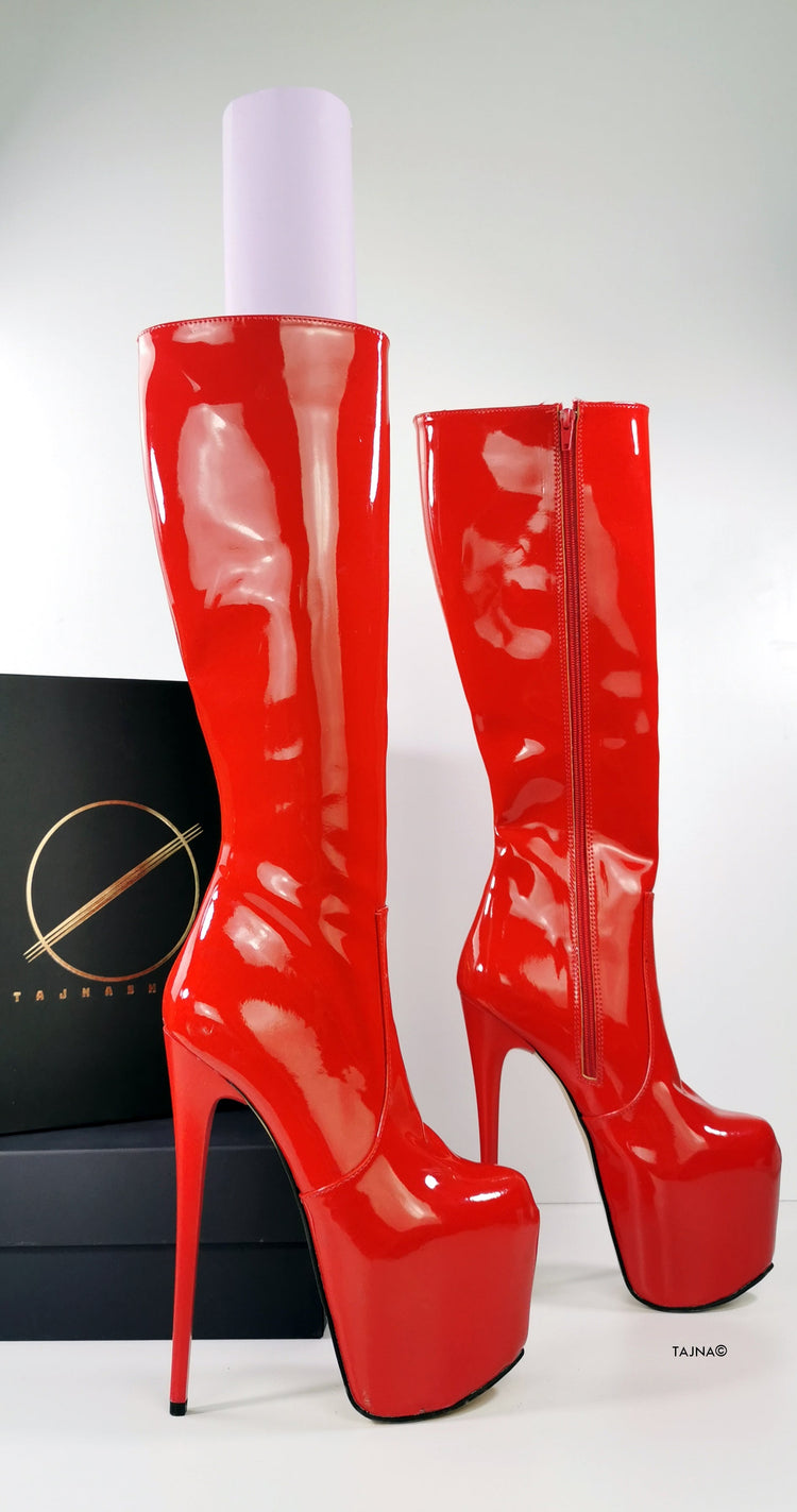 Red Gloss Mid Calf High Heel Boots - Tajna Club