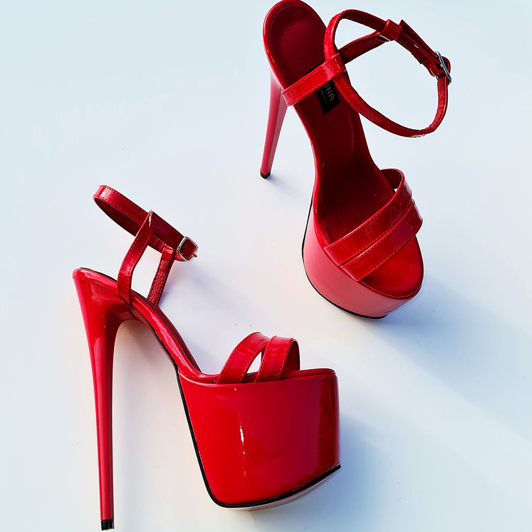 Red Gloss Double Strap High Heel Sandals