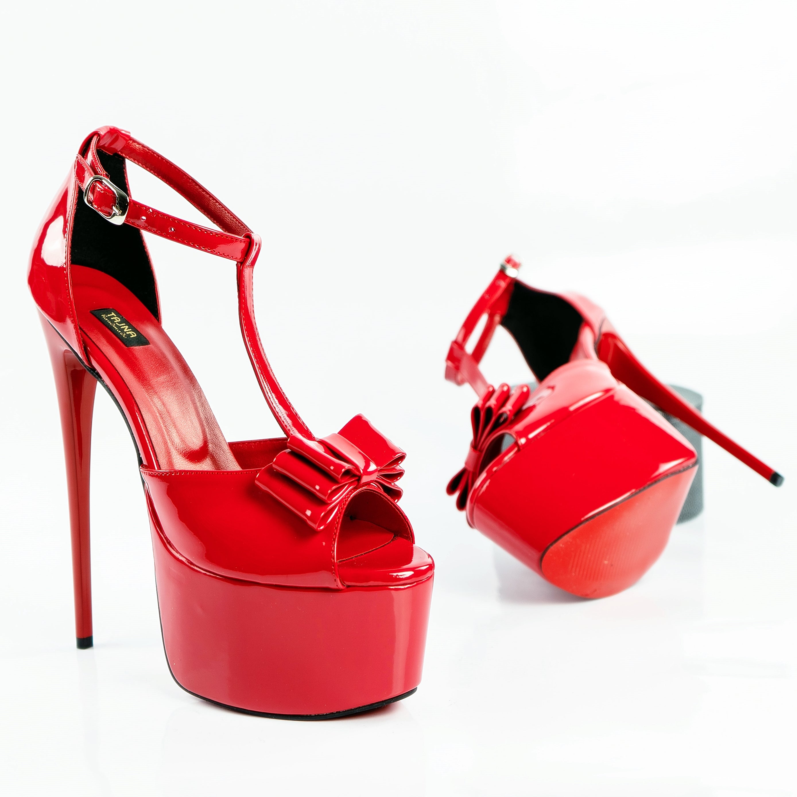 Red Gloss Ribbon High Heels - Tajna Club