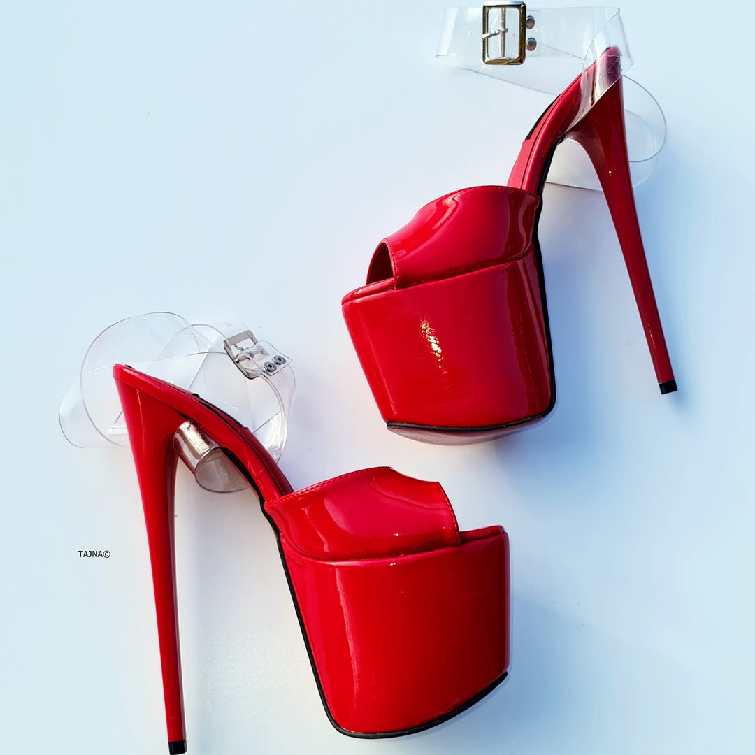 Transparent Ankle Strap Red Gloss High Heel Sandals
