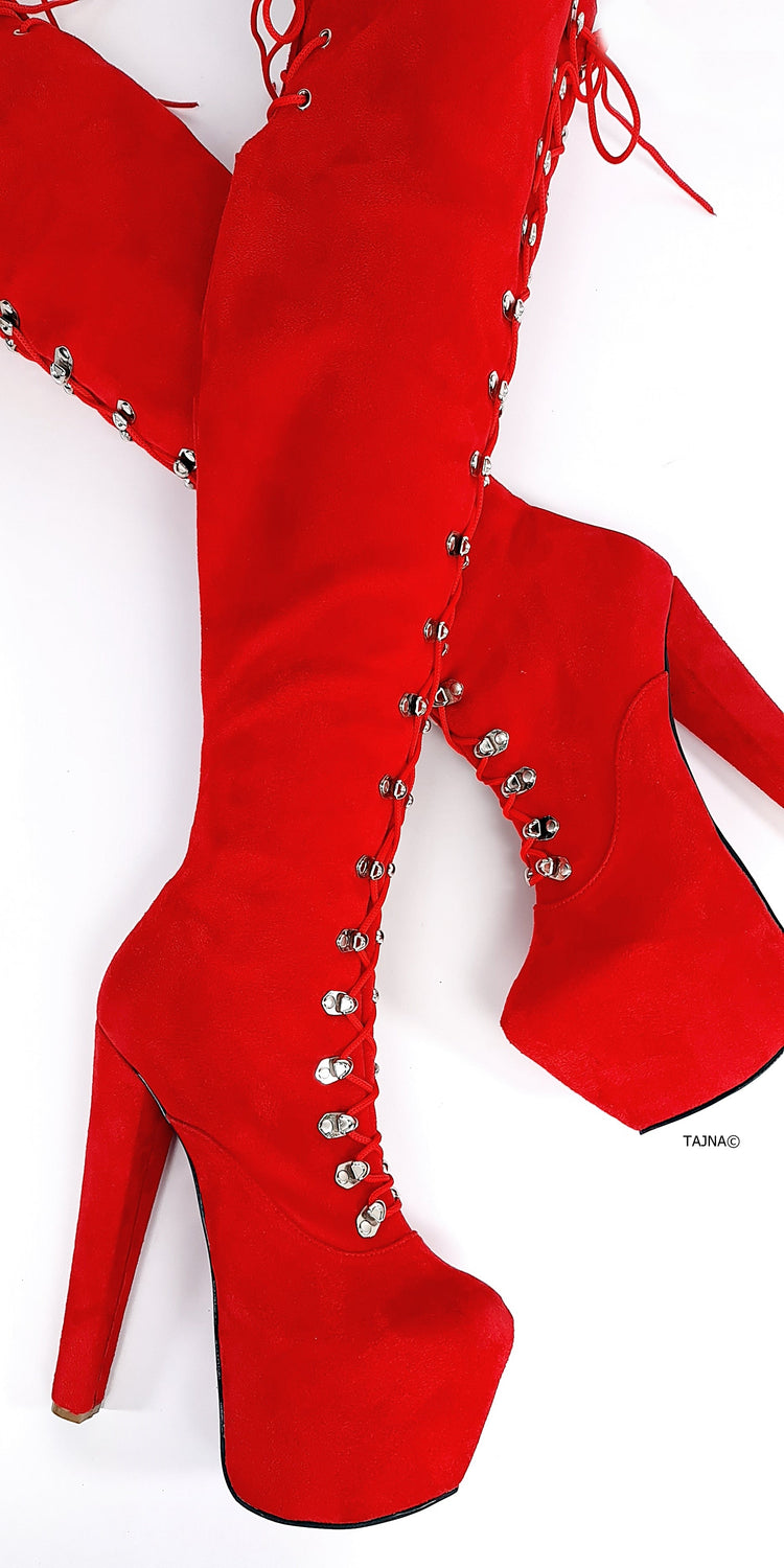 Red Suede Military Style Chunky Heel Boots Tajna Club
