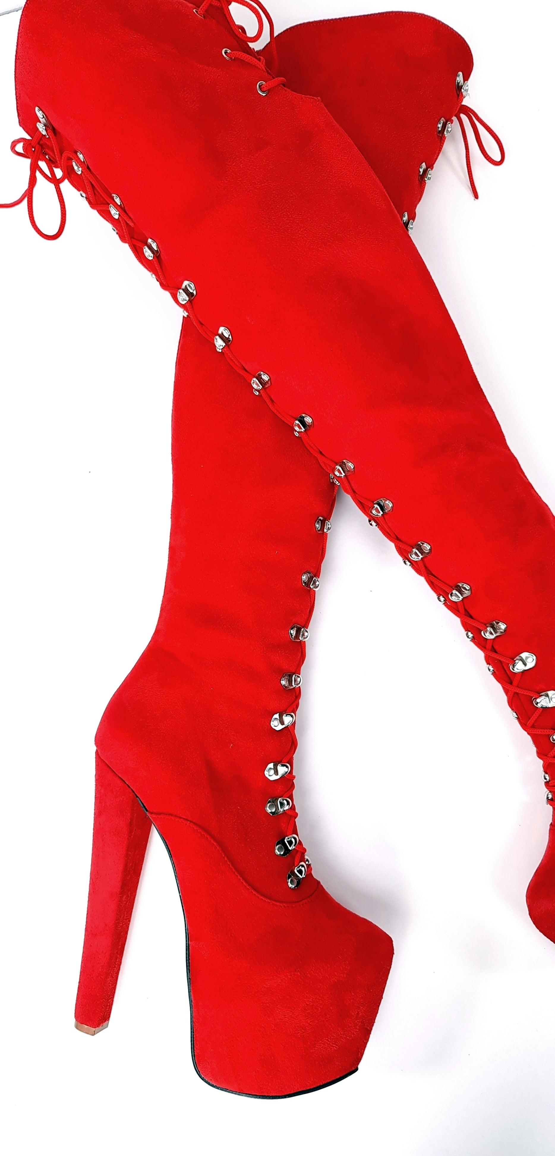 Red Suede Military Style Chunky Heel Boots Tajna Club