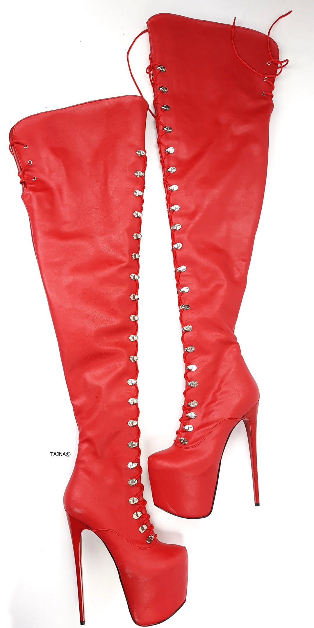 Red Extreme Thigh High Military Style Boots 80 cms