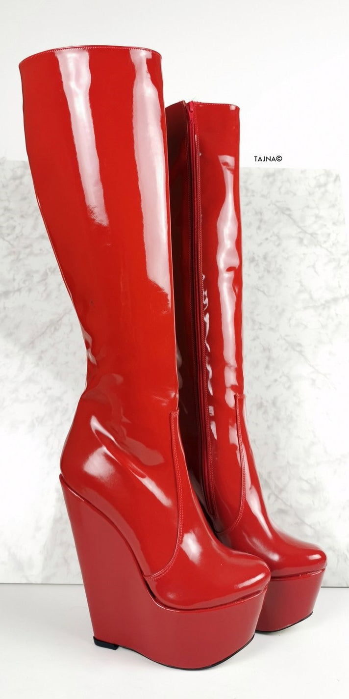 Red Patent High Heel Wedge Long Boots - Tajna Club