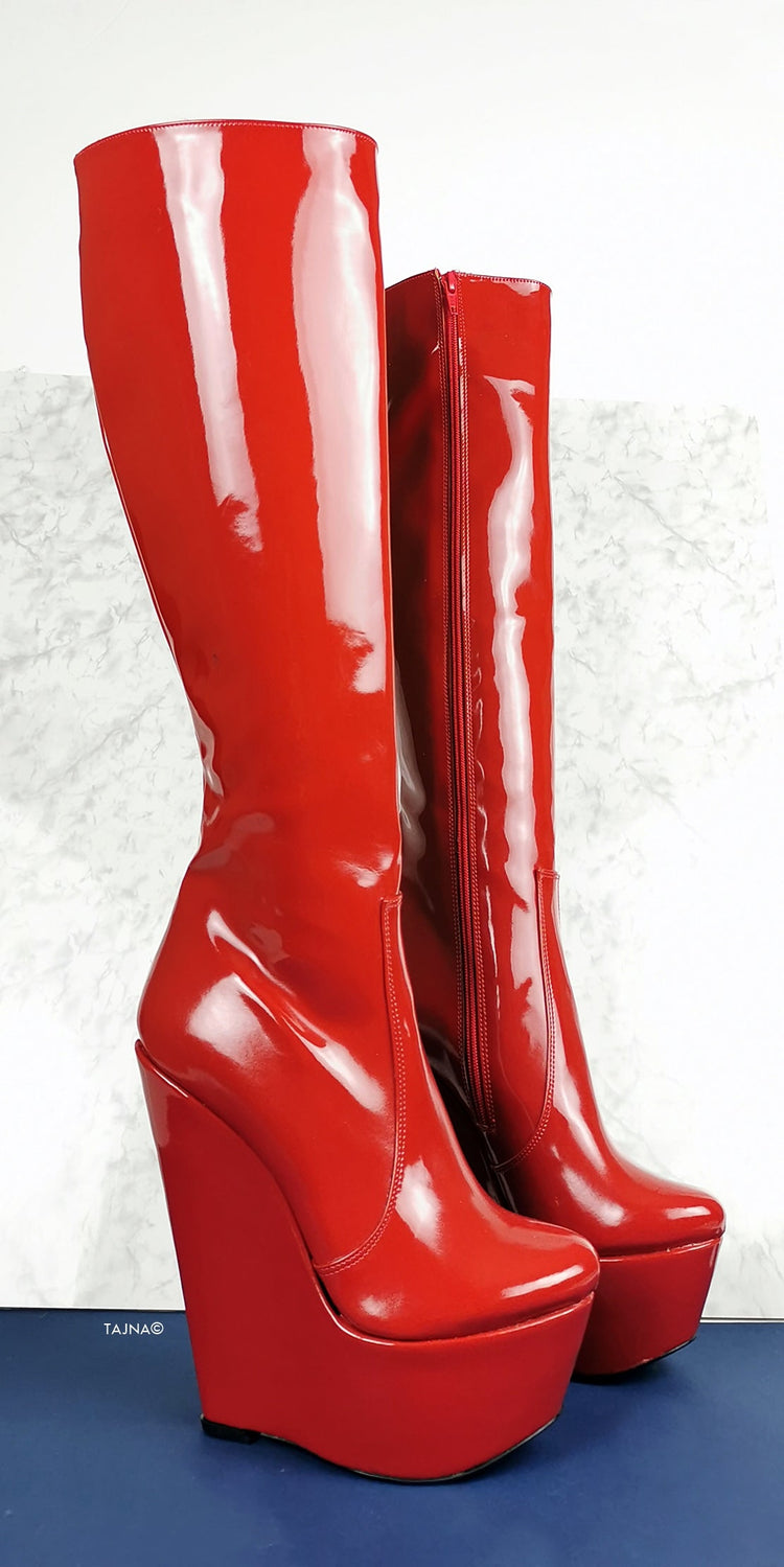 Red Patent High Heel Wedge Long Boots - Tajna Club