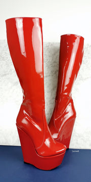 Red Patent High Heel Wedge Long Boots | Tajna Club