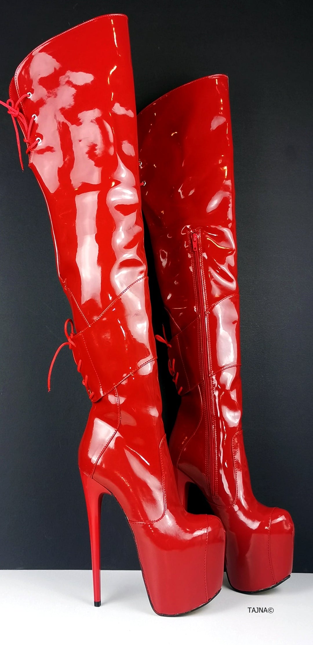 Red Patent Over Knee Heel Boots - Tajna Club