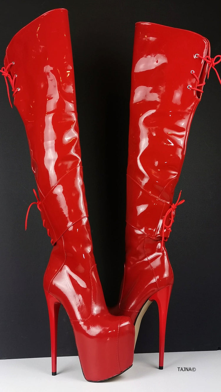 Red Patent Over Knee Heel Boots - Tajna Club