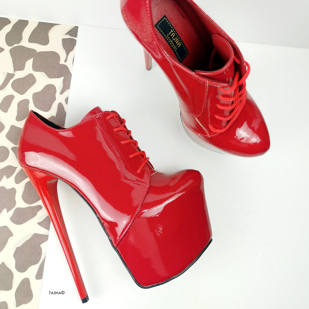 Red Patent Oxford Ankle Lace Up Heels - Tajna Club