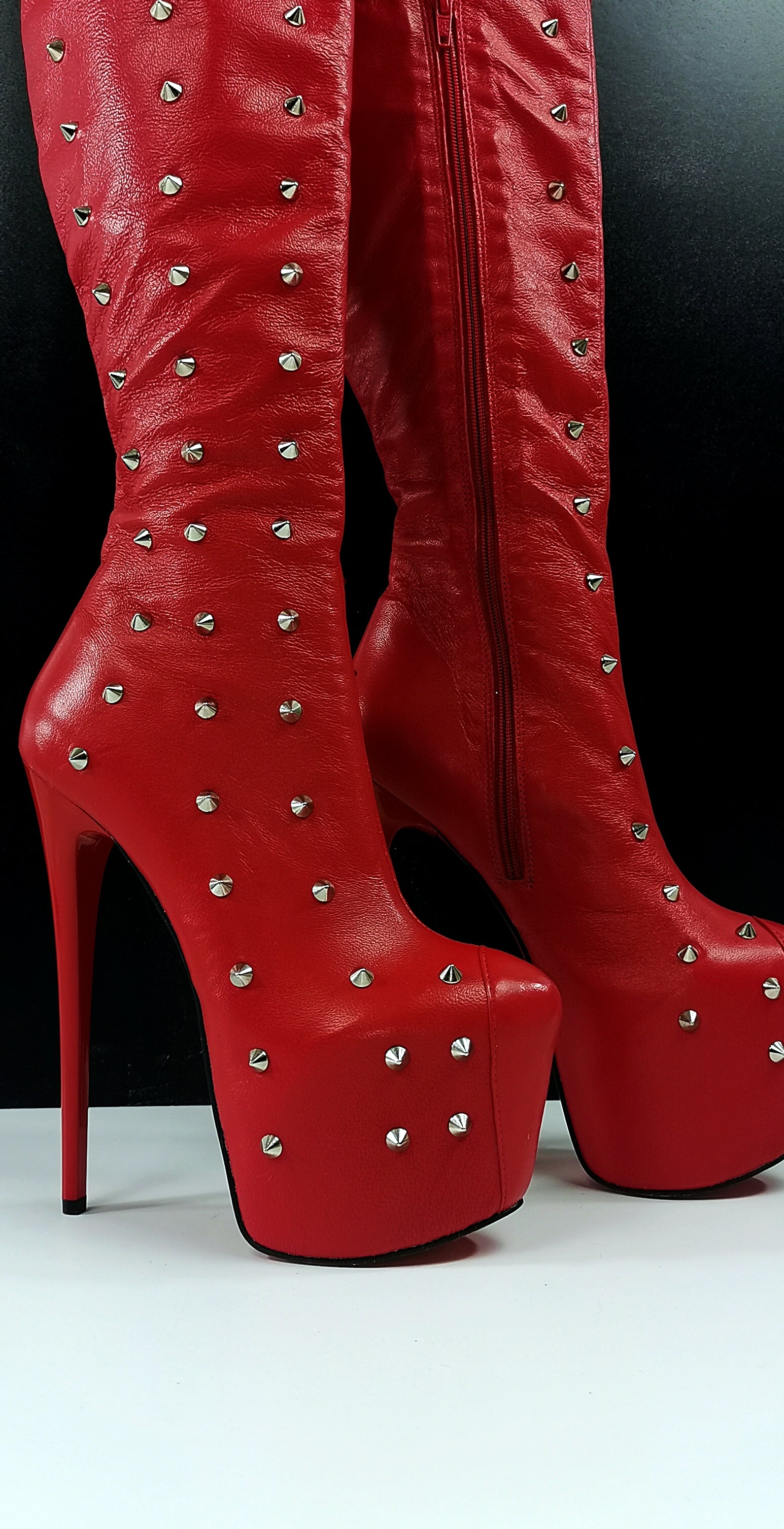 Spike Stud Red Genuine Leather Thigh Boots - Tajna Club