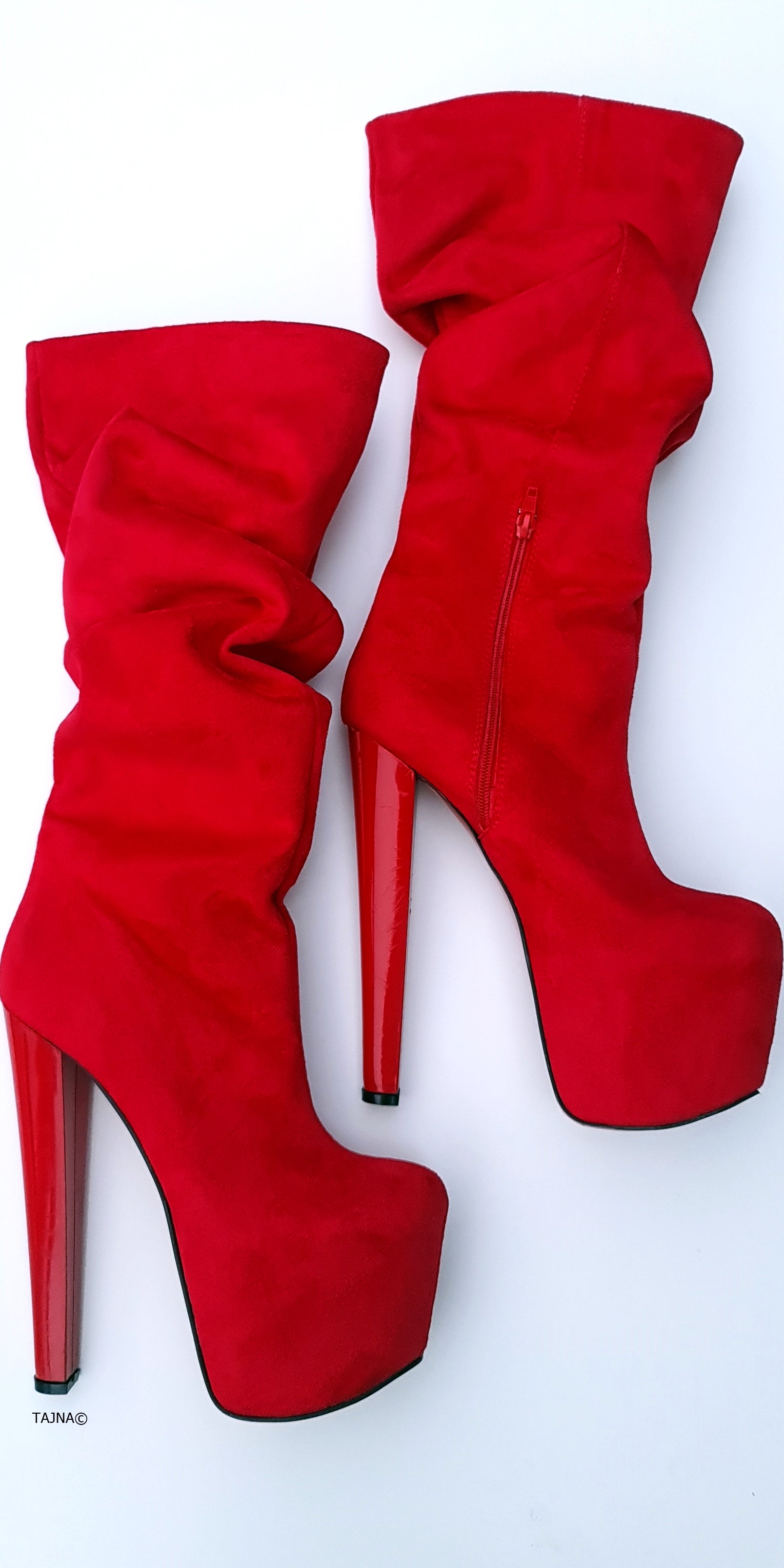 Red Suede MidCalf Chunk Heel Boots