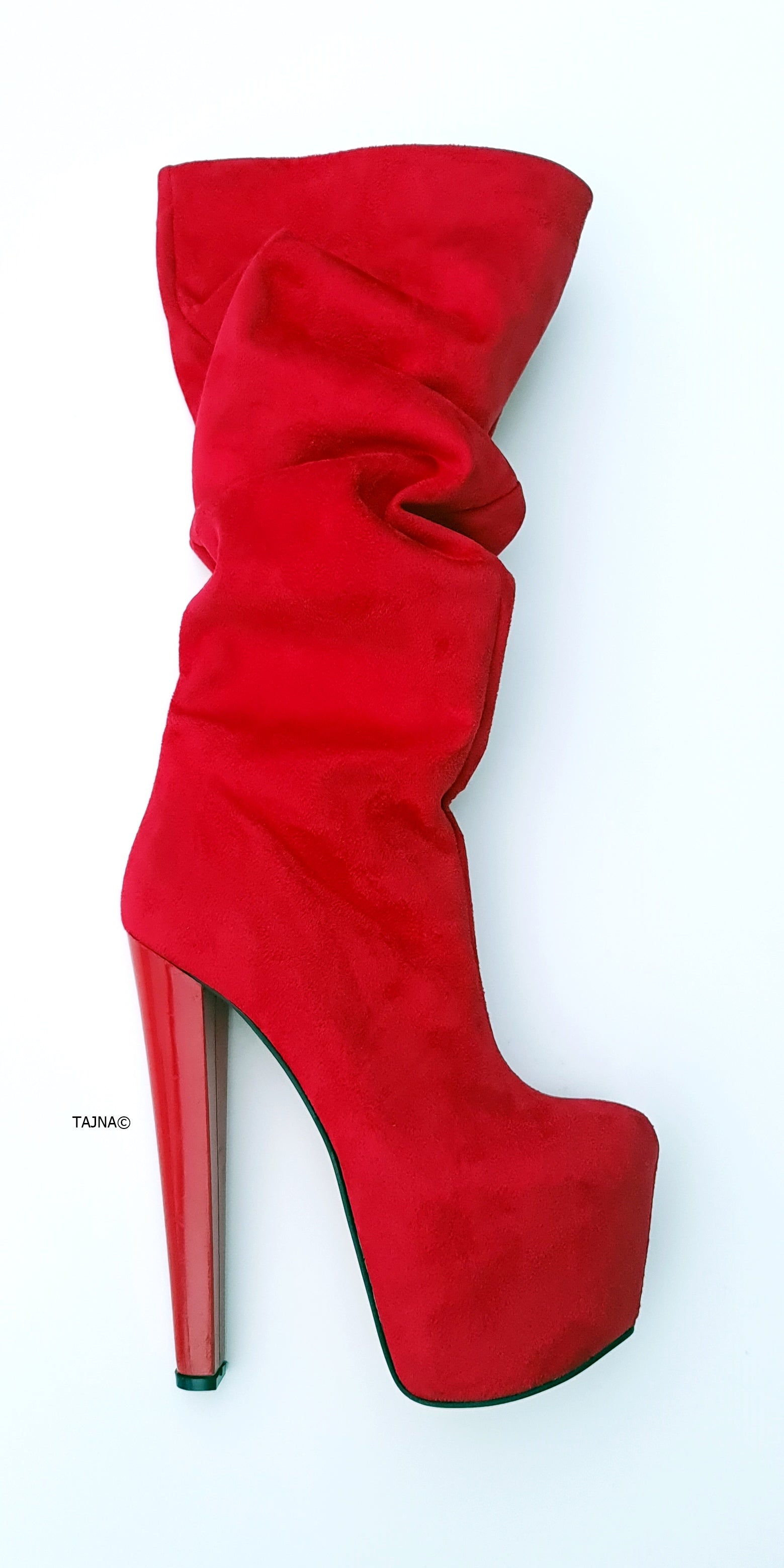 Red Suede MidCalf Chunk Heel Boots
