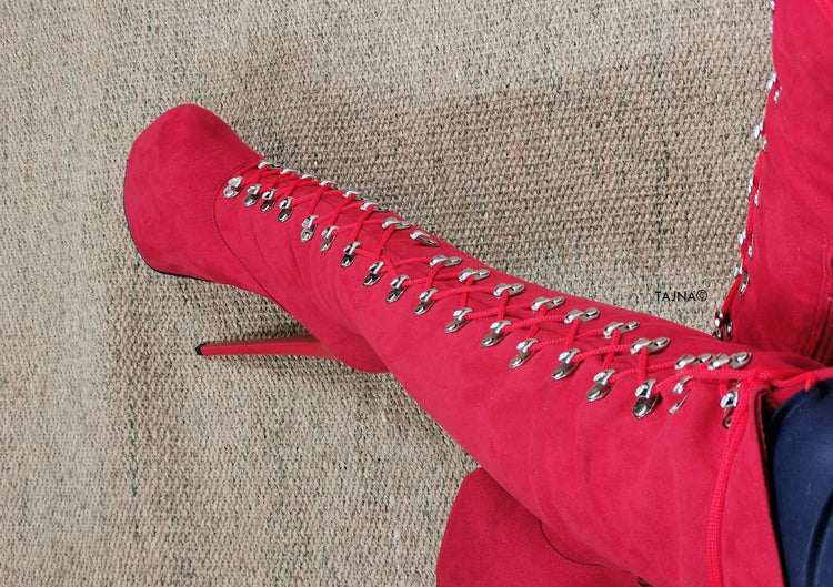 Red Suede Military High Heel Boots - Tajna Club