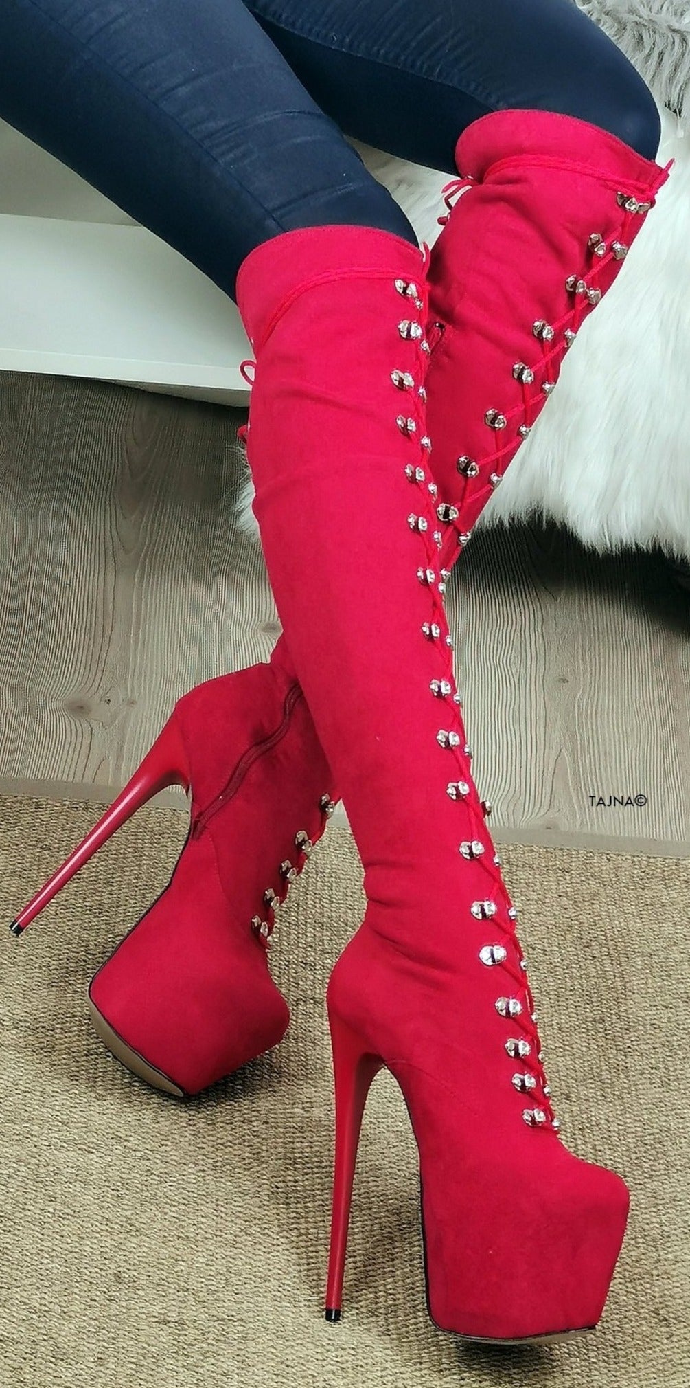 Red Suede Military High Heel Boots - Tajna Club