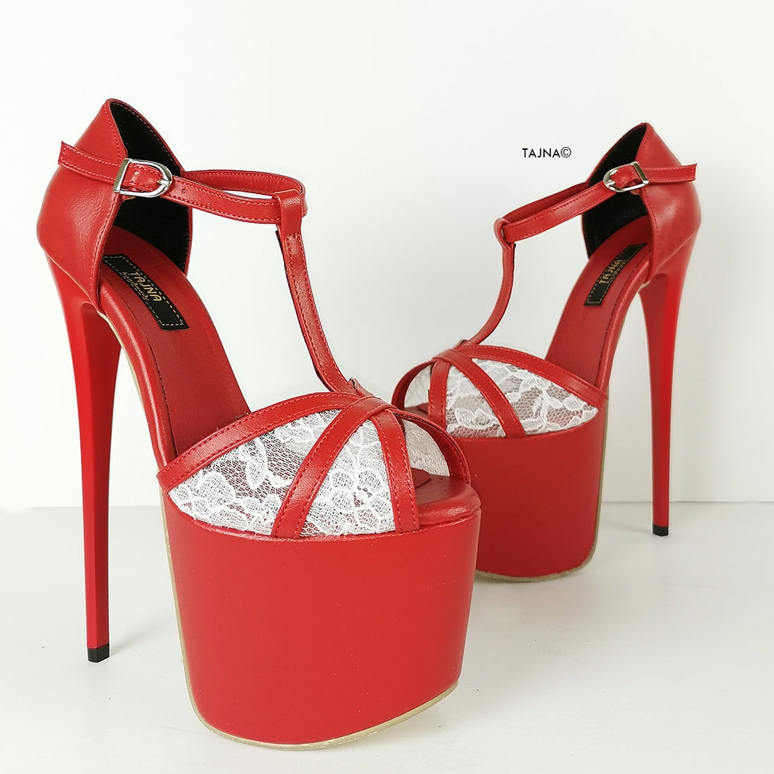 Red Lace Peep Toe Ankle Heels | Tajna Shoes – Tajna Club