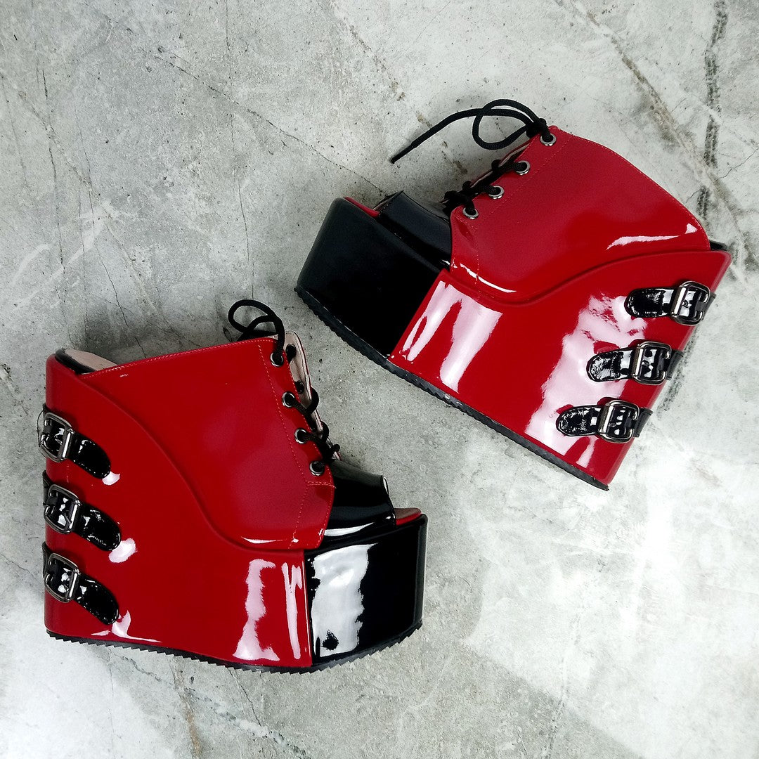 Belted Red  Black Platform Heel Wedge Mules - Tajna Club