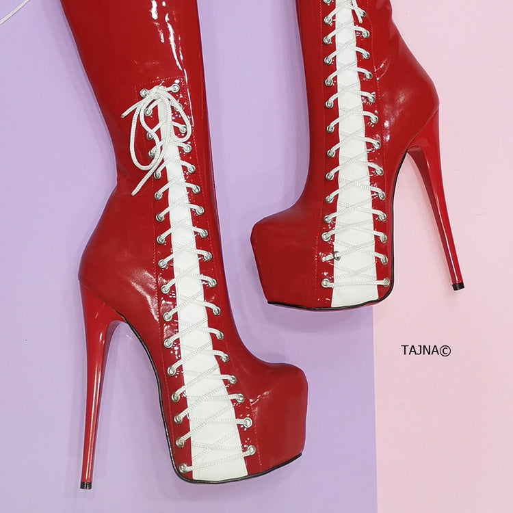 Red White Patent Knee High Corset Boots - Tajna Club