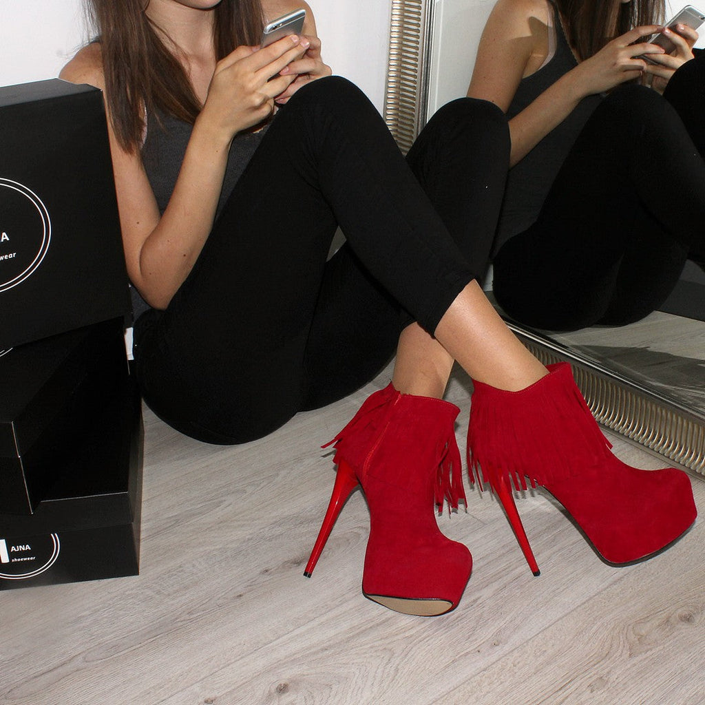 Red Fringe Suede High Heel Platform Booties