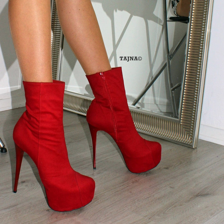 Red Suede High Heel Platform Ankle Boots - Tajna Club