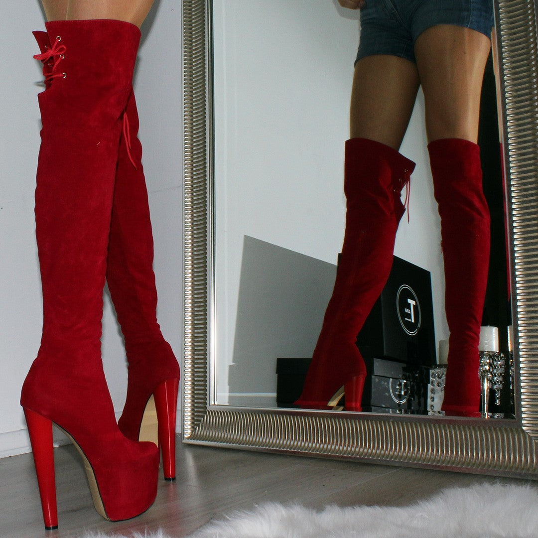 Over the Knee Red Suede Platform Boots - Tajna Club