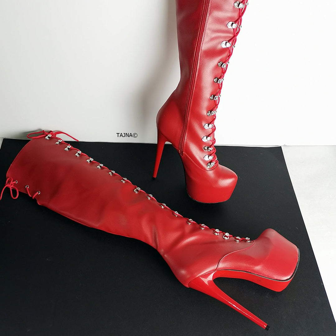 Red Matte Military Style Knee High Boots - Tajna Club