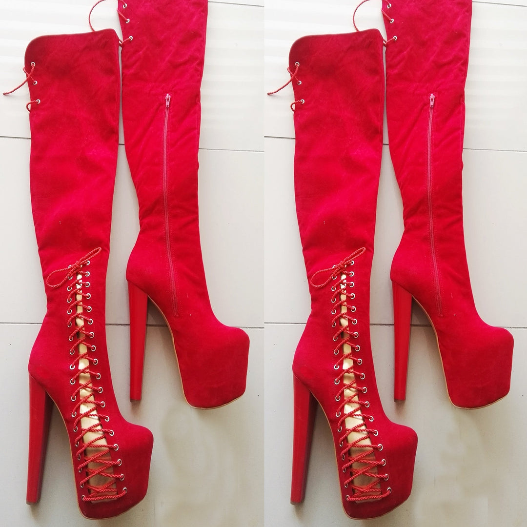 Red Corset Knee High Platform Boots - Tajna Club