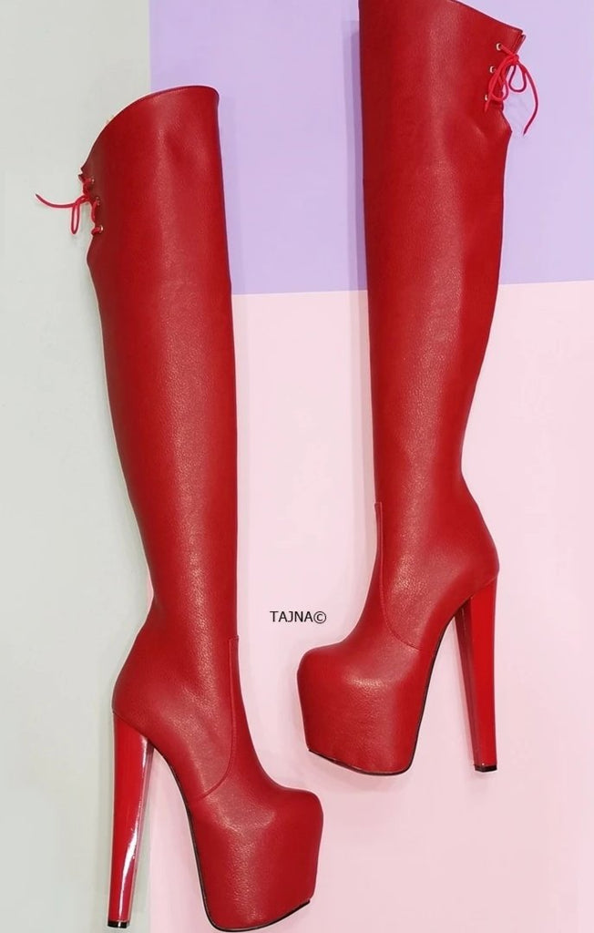 Red Matte Chunky Heel Knee High Boots Tajna Shoes Tajna Club