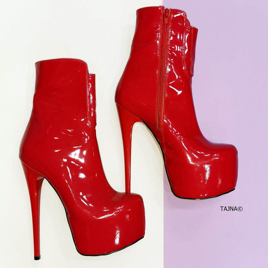 Red Patent Ankle Platform Boots - Tajna Club
