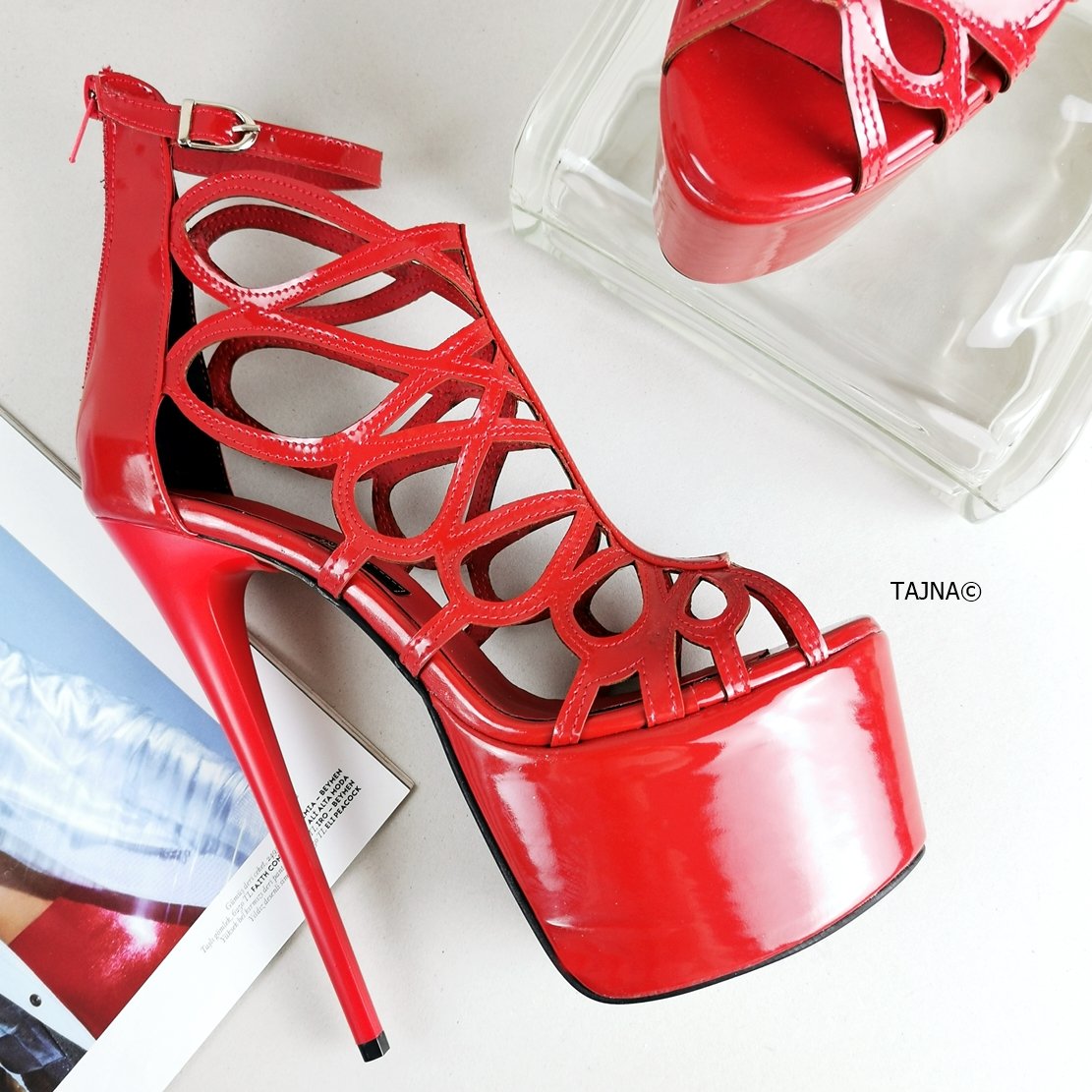 Red Patent Lazer Cage Ankle Heels - Tajna Club