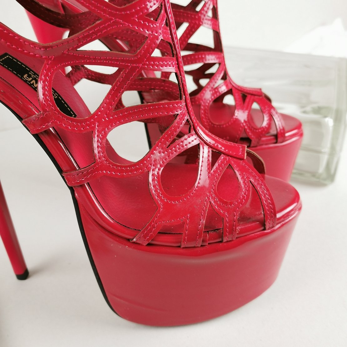 Red Patent Lazer Cage Ankle Heels - Tajna Club