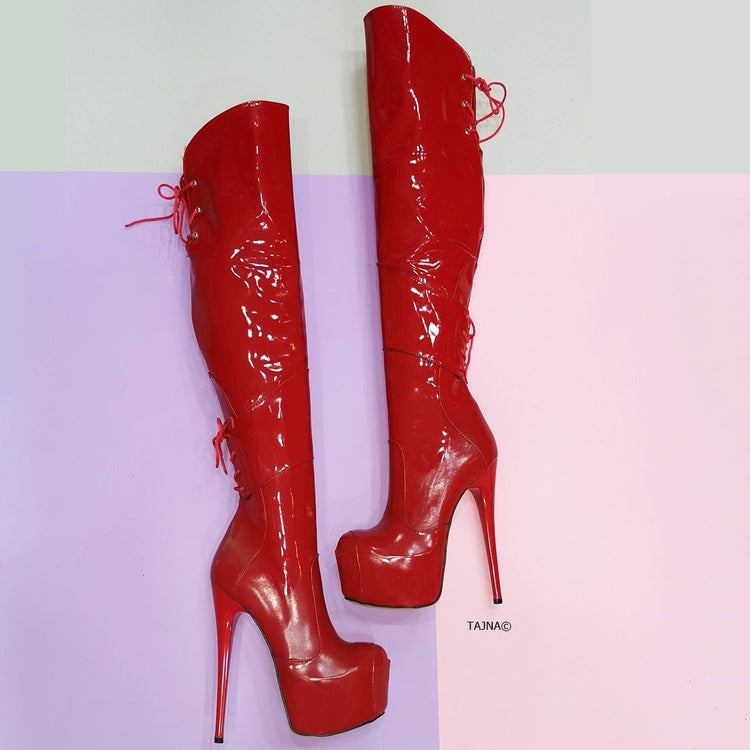 Red Patent Over the Knee High Heel Boots - Tajna Club