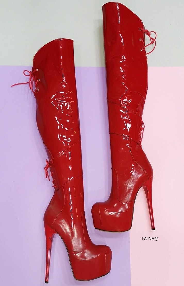Red Patent Over the Knee High Heel Boots - Tajna Club