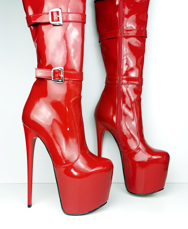 Red Patent Belted Knee High Boots - Tajna Club